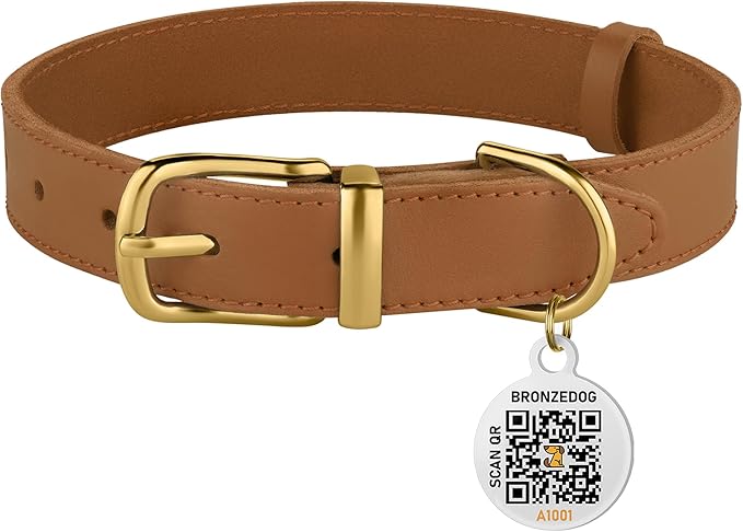BRONZEDOG Leather Dog Collar with QR ID Tag Basic Pet Collars for Small Mini Dogs Cats Puppies (9-11 Inch (Pack of 1), Light Brown & Gold Buckle)