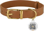 BRONZEDOG Leather Dog Collar with QR ID Tag Basic Pet Collars for Small Mini Dogs Cats Puppies (9-11 Inch (Pack of 1), Light Brown & Gold Buckle)