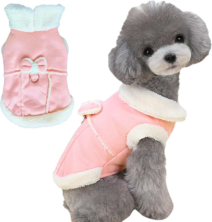 Jecikelon Bowtie Dog Cold Weather Coat Fleece Lining Warm Pet Puppy Turtleneck Dogs Winter Coats for Small Dogs Jacket with D-Ring Leash (X-Small, Pink)