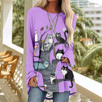Womens Tunic Shirt Cute Cat Print Long Sleeve Round Neck Women T Shirts Cotton Casual Plus Size Vacation Tunics Tops
