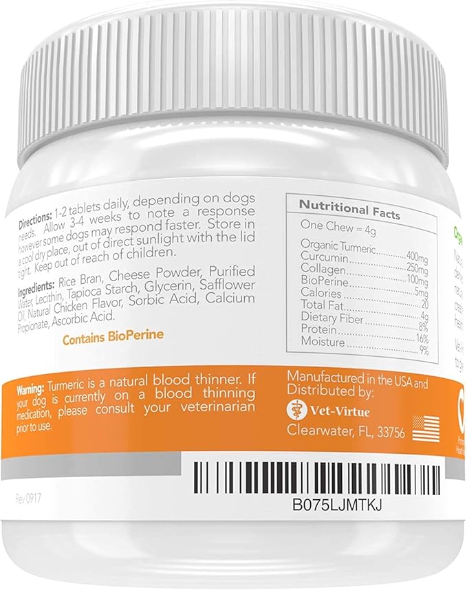 Turmeric for Dogs Anti Inflammatory Pain Relief | Organic Curcumin Dog Supplement with Collagen & Bioprene, Anti Inflammatory for Dogs, Supports HIPS, Joints & Mobility | 120 Count