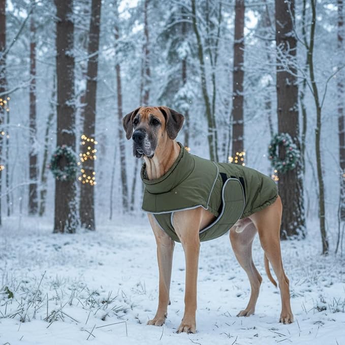 ASENKU Extra Warm Dog Coat - Winter Jacket with Fleece, Reflective, Adjustable, Zippered Leash Hole for Large Dogs (Green, 4XL)
