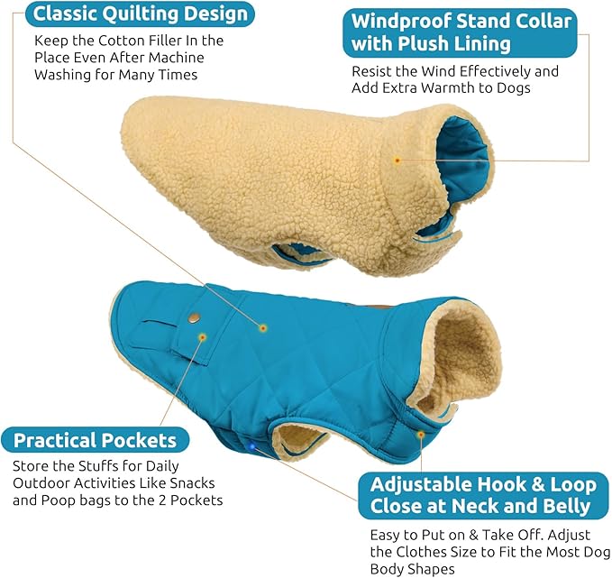 Queenmore Dog Winter Coat Warm Puffer Jacket Waterproof Plush Lining Thermal Cold Weather Vest for Small Medium Large Dogs, Windproof Easy On Pet Jacket Blue XS