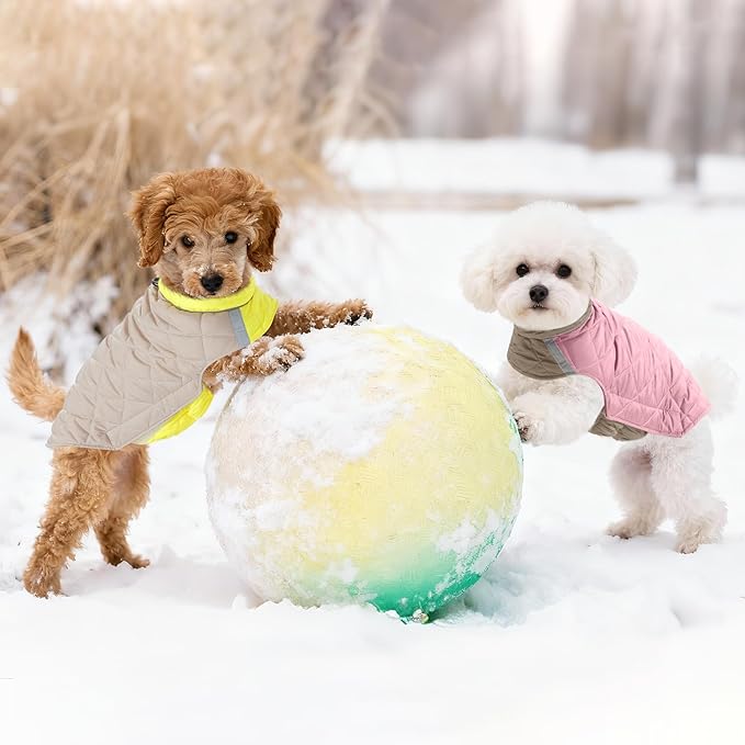 Quilted Dog Winter Coat, Plaid Lined Reversible Vest, Reflective Safety Strip, Cold Weather Pet Apparel Yellow M