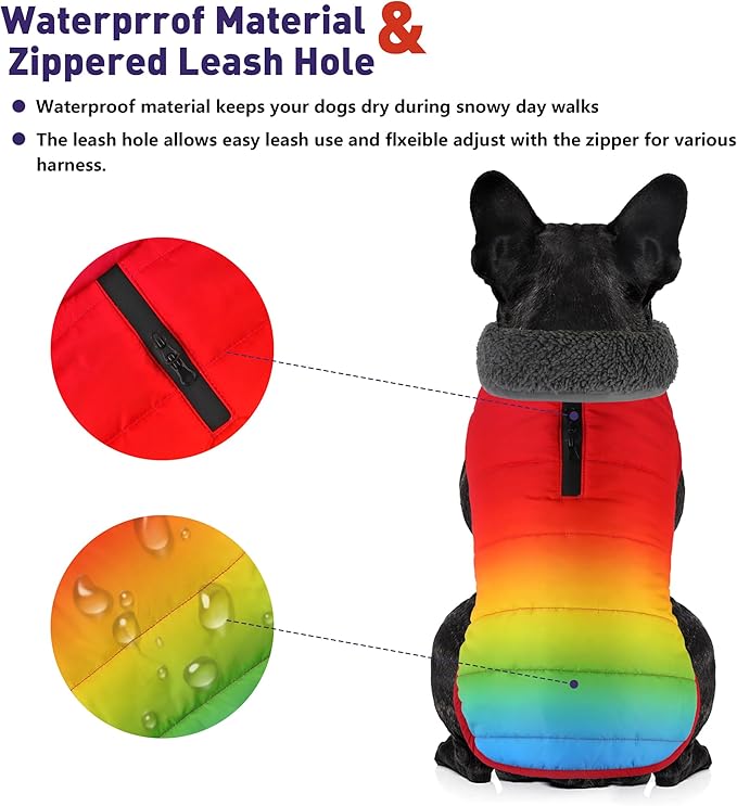 Dog Winter Coat, Waterproof Dog Jacket with Leash Hole, Reflective Adjustable Pet Snow Vest, Warm Fleece Sweater for Small Medium Large Dogs - Rainbow, XL