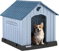 PUKAMI Large Dog House Outdoor Indoor, Plastic Dog House Weatherproof for Large Dogs, Study Puppy Shelter with Air Vents and Elevated Floor, Easy Clean and Assemble (Blue, 31.5"D x 33.5"W x 33.9"H)