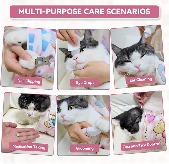 Cat Grooming Wrap for Cutting Nails, 31.5" Anti-Escape Calming Cat Swaddle Wrap for Medicine, Nail Clipping, Teeth Brushing, Ear Cleaning, Self-Adherent Burrito Restraint, (Geometric Fish, XL)