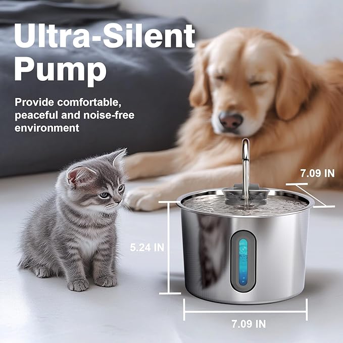 Cat Water Fountain, 74oz/2.2L Cat Fountain for Drinking - Pet Water Fountain Stainless Steel for Cats Inside - Quiet Water Bowl Dispenser - Kitty Drinking Fountains - 8 Filters + 8 Sponges