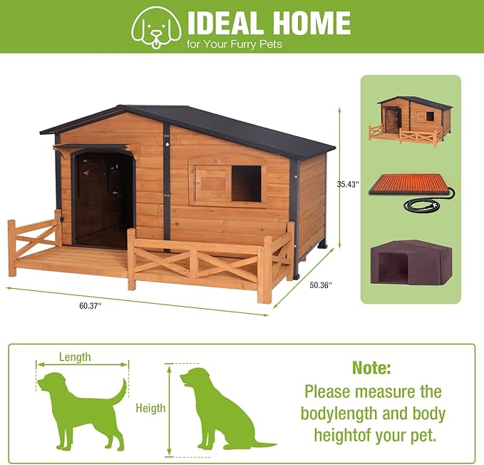 GUTINNEEN Extra Large Heated Dog House Insulated Dog Kennel Weatherproof Dog Shelter with Safe Heating Pad, Insulated Liner, Chew-Proof Metal Frame for Large Dog Breeds, 60.3" L x 50.3" D x 35.4" H