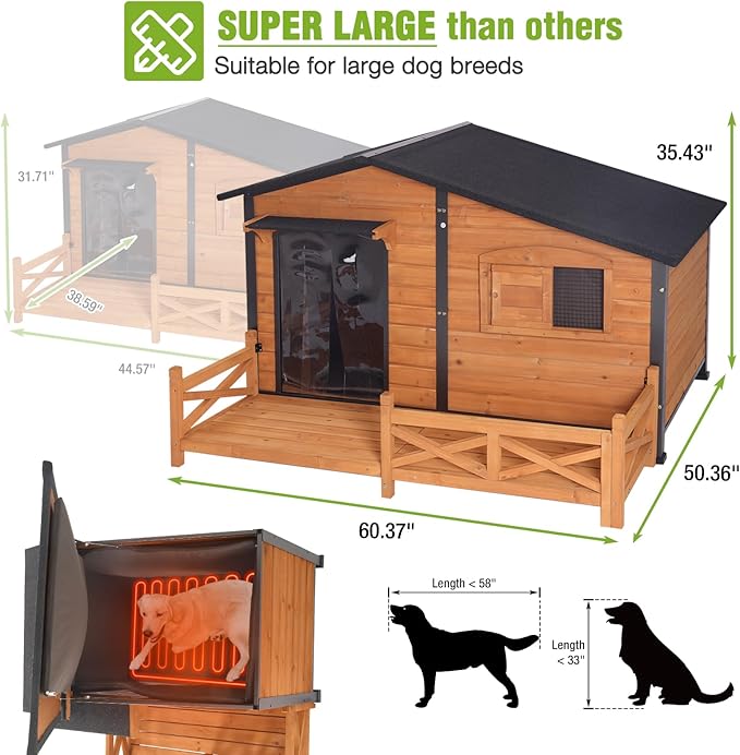 GUTINNEEN Extra Large 60" Heated Dog House Outdoor Insulated Dog Kennel with Safe Heated Pad, Chew-Proof Metal Frame and Insulated Liner for Large Dog Breeds, 60.37" L x 50.36" W x 35.43" H (Brown)