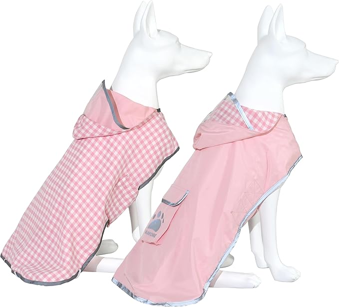 MAMORE Dog Raincoat Reversible,Waterproof Dog Rain Coat Hooded Slicker Poncho with Reflective Strip, Plaid Double Layer Rain Jacket for Small Medium Large Dogs (Pink, Small)