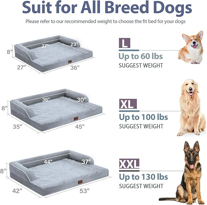 Orthopedic XXL Dog Beds, Waterproof Egg Crate Foam Big Pet Bed for All Breed Sized Dogs 53x42Inch, Washable Extra Large Dog Couch Bed with Removable Cover and Non-Slip Bottom, Grey