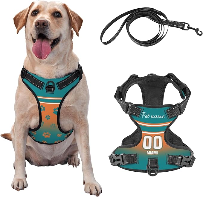 Custom Miami Dog Harness with Reflective Stripes Personalized Name and Number Dog Vest Harness with Pet Traction Rope for Small Medium Large Dog