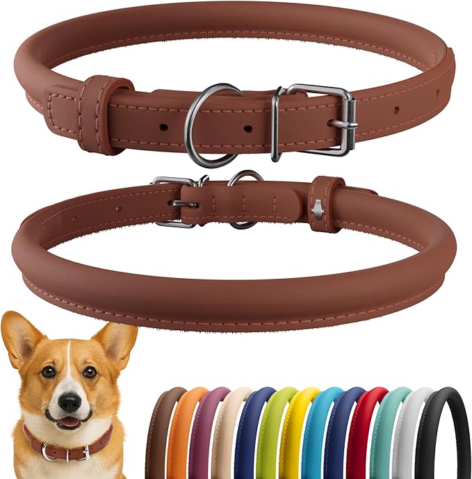 CollarDirect Rolled Leather Dog Collar, Soft Padded Round Puppy Collar, Handmade Genuine Leather Collar Dog Small Large Cat Collars 13 Colors (11-14 Inch, Cinnamon Smooth)