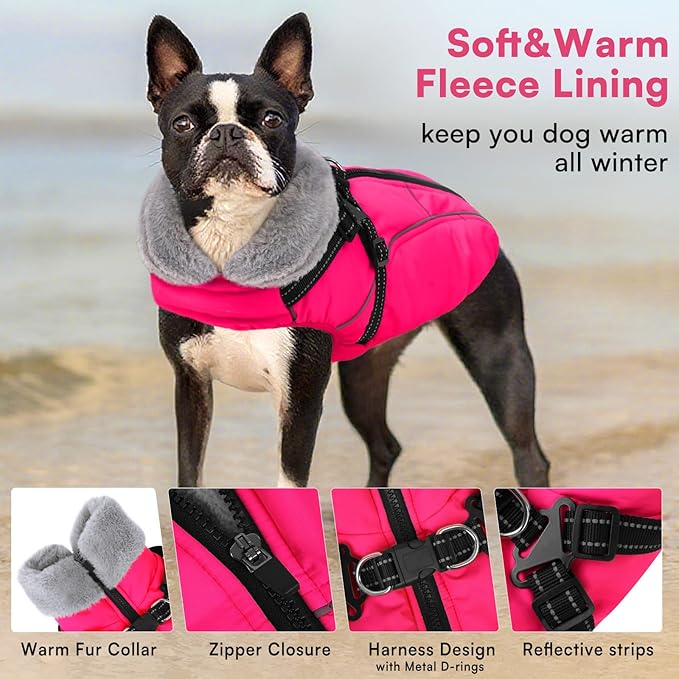 Queenmore Large Dog Coat,Dog Jacket for Extra Large Dogs with Harness Built in,Reflective Waterproof Dogs Jackets with Fleece Lining,Warm Snowsuit Pet Coats for Doberman,Labrador,Rosered,XXL