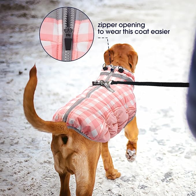 FUAMEY Dog Coat for Large Dogs,Waterproof Dog Winter Jacket with Harness Built in Puppy Cold Weather Coats Reflective Pet Vest with Zipper Warm Fleece Dogs Snowsuit Windproof Pink Plaid 3XL