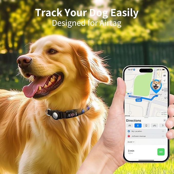 AirTag Dog Collar with QR Code & LED Light, IP68 Waterproof Rechargeable Pet Collar with Reflective Strips, Durable Airtag Holder for Medium/Large Dogs (Blue, L(20-24 in))