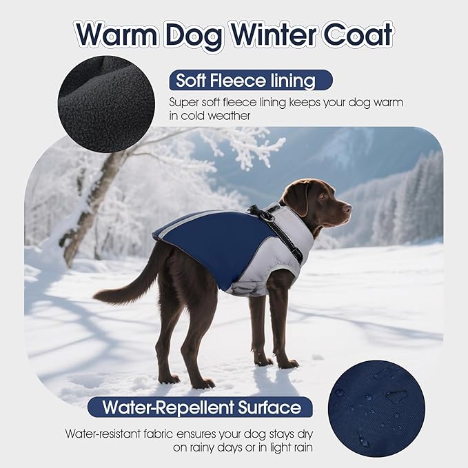 DENTRUN Dog Coat with Harness Built in, Easy On/Off Zipper Closure Winter Dog Vest, Water-Repellent Fleece Lined Warm Jacket with Reflective for Extra Large Dogs, Dark Blue, XXXL