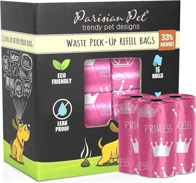Parisian Pet Ecofriendly Dog Poop Bags Rolls - 320 Count Unscented Poop Bags For Dogs - Leakproof, Extra Thick, 16 Dog Waste Bags Refill Rolls - Princess Pink Doggie Poop Bags - Fits All Dispenser