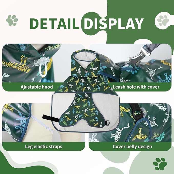 Dog Raincoat, Waterproof Windproof Dog Rain Jacket with Hood, Rain Coat with Leash Hole, Adjustable Raincoat Poncho for Small Medium Large Dogs Outdoor (Green, Small)