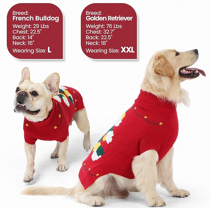 BRKURLEG Christmas Dog Sweaters for Cold Weather, Soft Warm Turtleneck Sweaters for Medium Dogs, Xmas New Year Pet Pullover Knitted Sweatshirt Outfit for French Bulldog,Pug (Red, M)