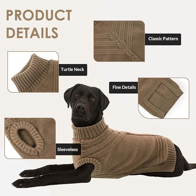 Dog Sweaters for Large Dogs Male Female Pet Knitwear Classic Puppy Warm Pullover Turtleneck Cold Weather Clothes for French Bulldog(Brown, L)