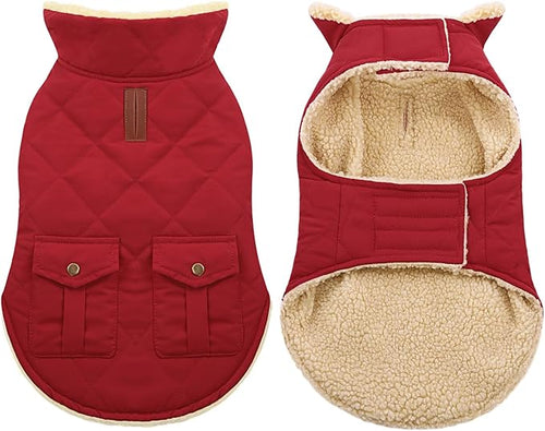 ASENKU Warm Dog Winter Coat, Waterproof Dog Coat for Cold Weather, Fleece Dogs Jacket with Ultra Thick Plush Lining Leash Hole Storage Pockets for Small Dogs (Red, Small)