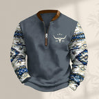 HOTYD Aztec Cowboy Jacket Men Vintage Bullhorn Printed Oversized Western Sweatshirt Long Sleeve Quarter Zip Pullover