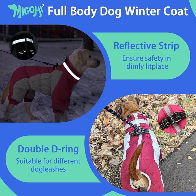 MIGOHI Full Body Dog Coat - Warm Reflective Large Dog Winter Coat with Harness,Turtleneck Fleece Jacket for Dogs,Four-Leg Windproof Puffer Jackets Snowsuit with Zipper for Small Medium Large Dogs,2XL