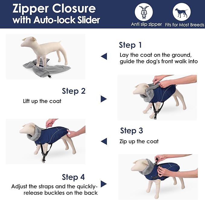AOFITEE Dog Coat for Large Dogs, Waterproof Dog Jacket Winter with Harness Built in, Warm Fleece Pet Puffer Jacket with Zipper, Cold Weather Coats for Dogs, Reflective Pet Snowsuit, Blue XXL