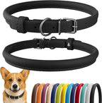 CollarDirect Rolled Leather Dog Collar, Soft Padded Round Puppy Collar, Handmade Genuine Leather Collar Dog Small Large Cat Collars 13 Colors (13-16 Inch, Black Smooth)