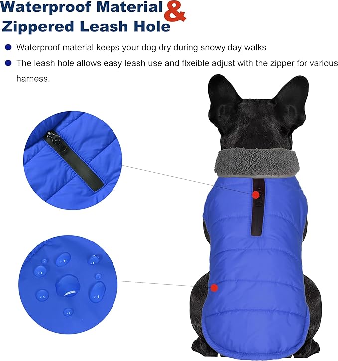 Dog Winter Coat, Waterproof Dog Jacket with Leash Hole, Reflective Adjustable Pet Snow Vest, Warm Fleece Sweater for Small Medium Large Dogs - Blue, L