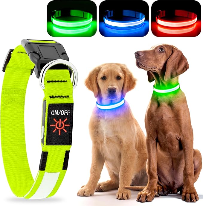 LED Dog Collar - Light Up, Waterproof, Adjustable Flashing, Rechargeable Visibility & Safety for Dogs (Green, Large)