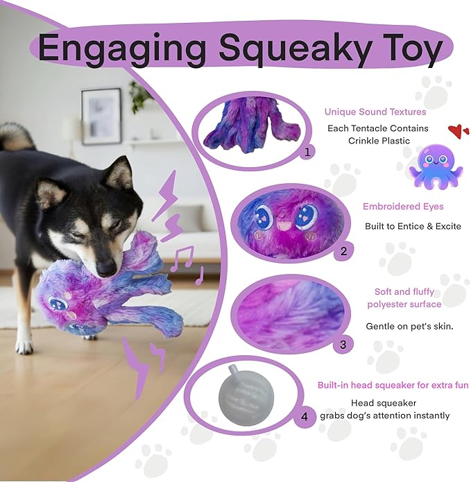 Clairooo Squeaky Dog Toys, Colorful Crinkle Octopus, Plush Dog Toys for Chewing, Interactive, Soft Fabric for Small, Medium & Large Dogs, Daily Companionship, Training Reward, (Yellow)