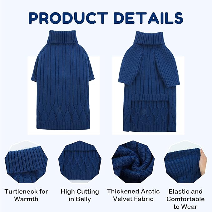 XL Dog Sweaters - Warm Winter Fall Dog Knitwear, Turtleneck Doggie Christmas Sweater, Pet Sweatshirt Clothes Outfit Knit Labrador (Blue XL)