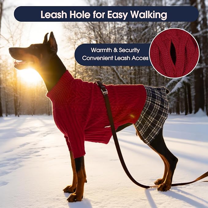 IECOii Girl XXXL Dog Sweater Dress, Girl Dog Sweaters for Extra Large Dogs Turleneck, Red,XXXLarge, Thermal Warm Knitwear with Leash Hole, Adorable Cable Knit Sweater for Christmas & Thanksgiving