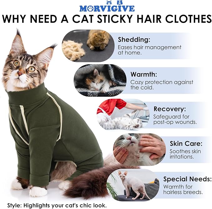 Cat Onesie - Army Green, XXL - Prevents Hair Loss, Sticky Hair Clothes, Pajamas for Cats Only, Hairless Cat Clothes, After Surgery Female, Recovery Long Sleeve