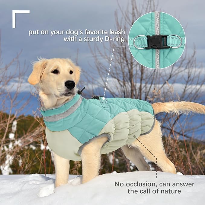 FUAMEY Dog Coat for Medium Dogs,Waterproof Dog Winter Jacket with Harness Built in Puppy Cold Weather Coats Reflective Pet Vest with Zipper Warm Fleece Dogs Snowsuit Windproof Mint Green M