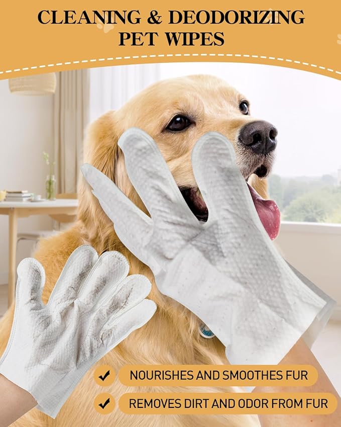 Pet Glove Wipes for Dogs and Cats, Disposable Finger Cleaning Gloves, Gentle Pet Wipes for Paws, Face & Ears, Deodorizing & Moisturizing, Soft & Thick Dog Wipes for Daily Grooming