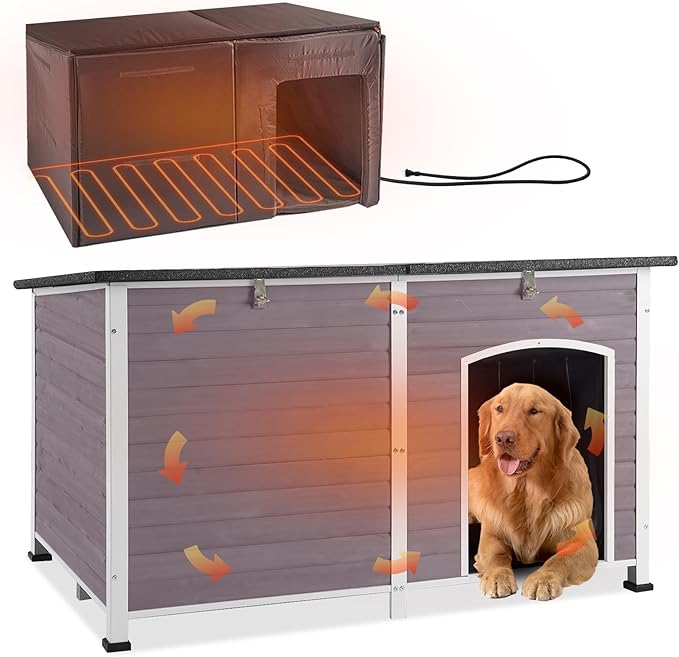 GUTINNEEN Heated Dog House Outdoor 59.1" Exra Large Dog Kennel with Metal Frame Insulated Dog Crate Cage for Large Dogs Outside with Heater and Insulated Liner, Grey