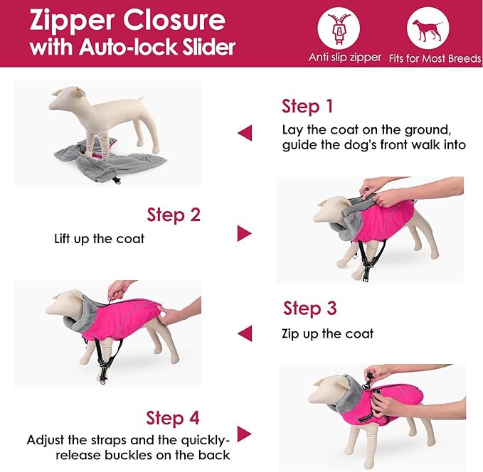 AOFITEE Dog Coat for Large Dogs, Waterproof Dog Jacket Winter with Harness Built in, Warm Fleece Pet Puffer Jacket with Zipper, Cold Weather Coats for Dogs, Reflective Pet Snowsuit, Pink XXL