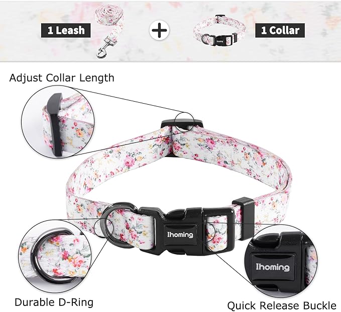 Ihoming Puppy Collar and Leash Set for Daily Outdoor Walking Running Training, Floral Sky Design for Extra Small Boys Girls Dogs Cats Pets, XS-Up to 10LBS