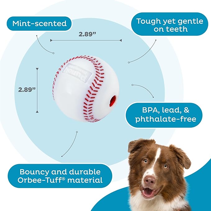Outward Hound by Planet Dog Baseball, Durable Treat-Dispensing Dog Ball, Interactive Fetch Toy, Orbee-Tuff, Mint Scented, BPA-Free, for Indoor & Outdoor Play, White