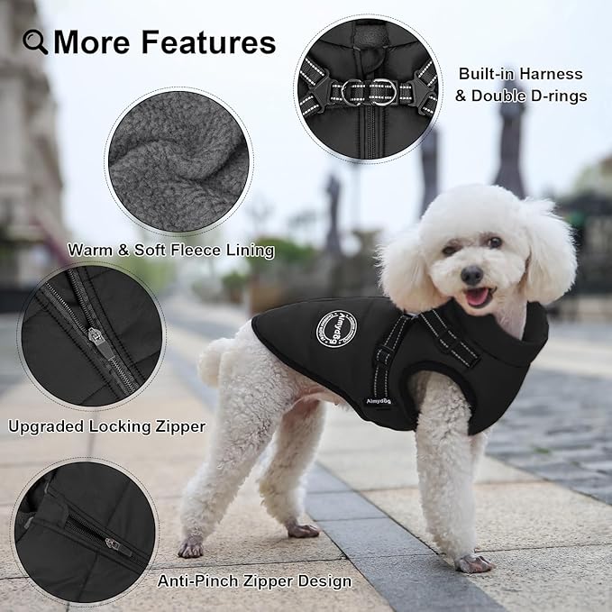 Warm Winter Coat, Waterproof Windproof Jacket, Reflective Adjustable Black Pet Vest with Harness, Thick Polar Fleece Lining Cozy Apparel for Small Medium Dogs & Cats