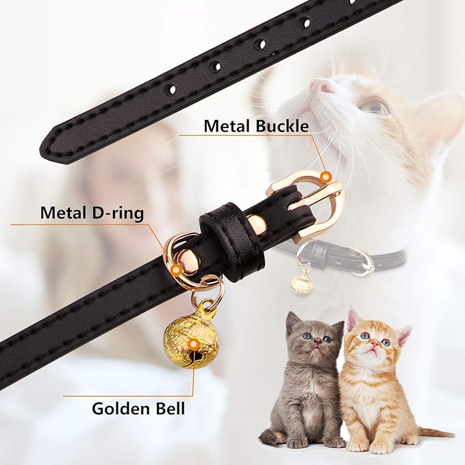 3 Pack Leather Cat Collars with Bells Soft Pet Safety Collar Kitten Collars with Bell Black Chocolate Beige(XS)