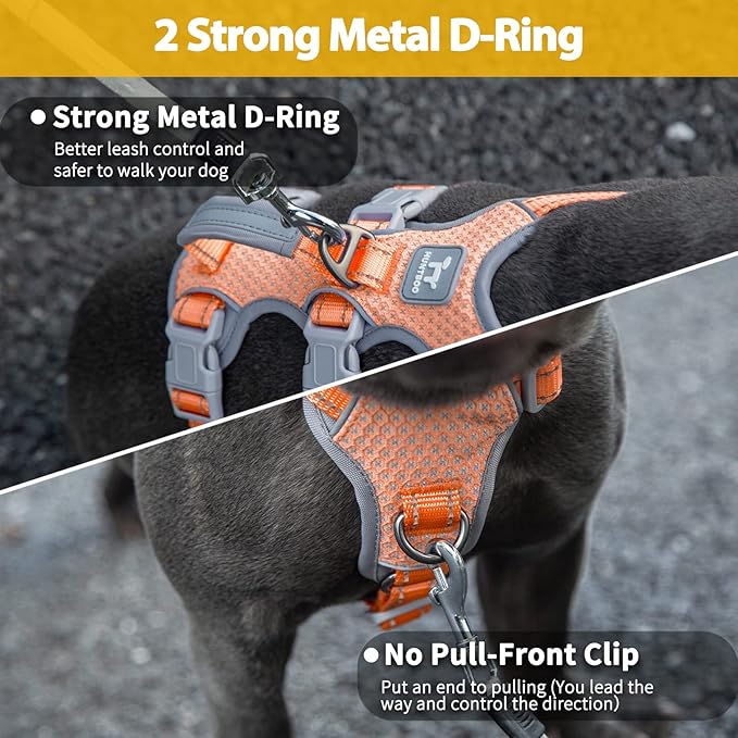 Huntboo Escape Proof Dog Harness, No Pull Reflective Harness with Lift Handle, Adjustable Pet Vest with Front and Back Leash Clips for Small Medium Large Dogs Walking Hiking Training (Orange,XL)