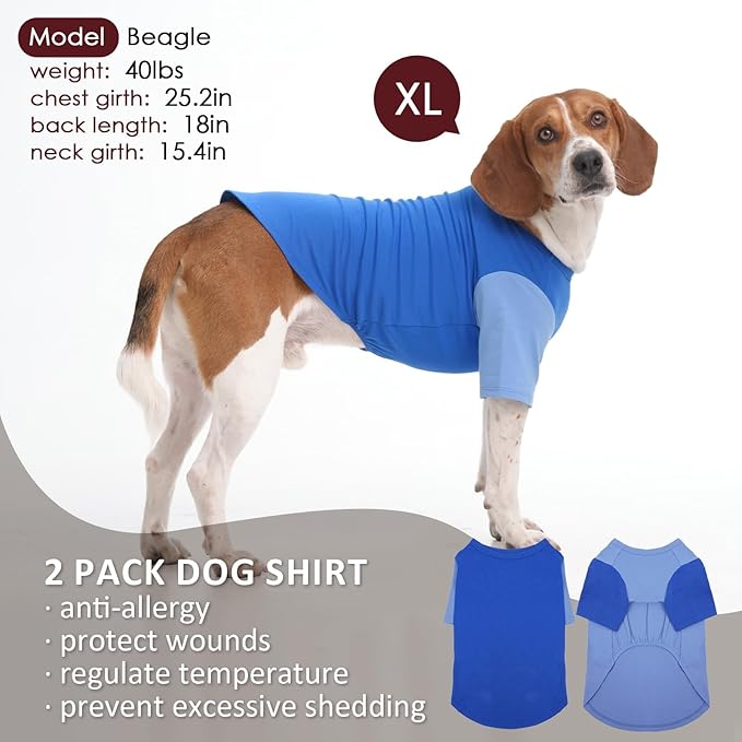 2 Pack X-Large Dog Shirts - Breathable Lightweight Durable Tees, Durable Moisture-Wicking Clothes for Beagle, Bullmastiff, Sleeping Hot Summer Day Outdoor Activities, Travel, Seaside, Blue
