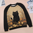 Abstract Cute Cat Shirts for Women Long Sleeve Lady Crewneck Pullover Sweatshirt Fall Winter Oversized Tops