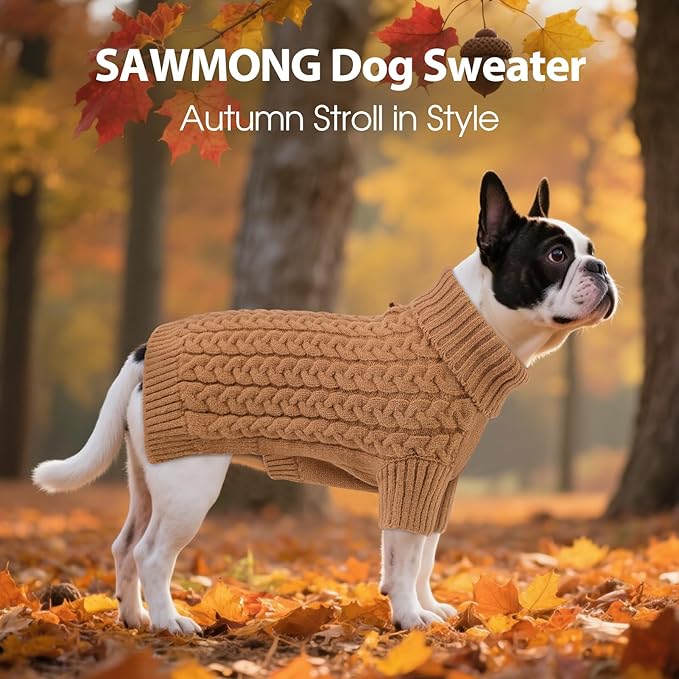 SAWMONG Dog Sweater, Dog Sweaters for Small Dogs Girls Boys, Pullover Turtleneck Knitted Doggy Sweatshirt, Cold Weather Pet Clothes（Khaki, X-Small