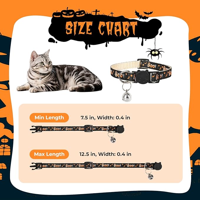 Halloween Cat Collar with Bell, Adjustable Comfortable Kitten Halloween Collar Breakaway, Boo! Patterns Safety Holiday Cat Collars for Boys Girls,Kitten,Puppy Black (7.5"-12.5")